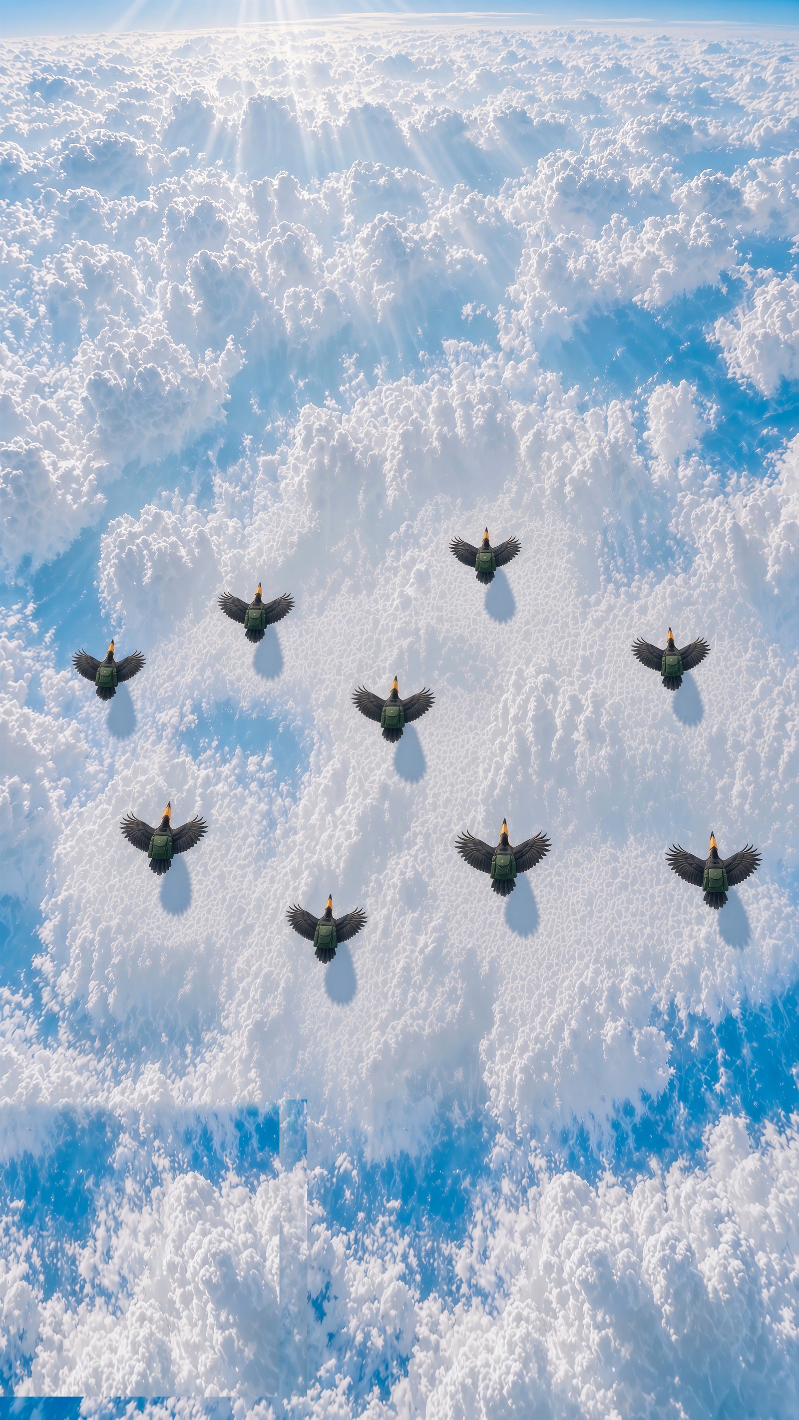 A flock carrying packs over the clouds