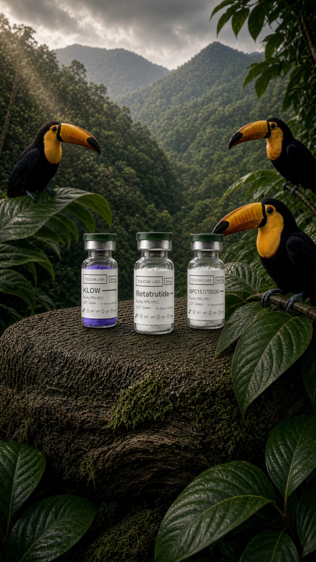 Toucan Labs research vials — KLOW, Retatrutide, and BPC157/TB500